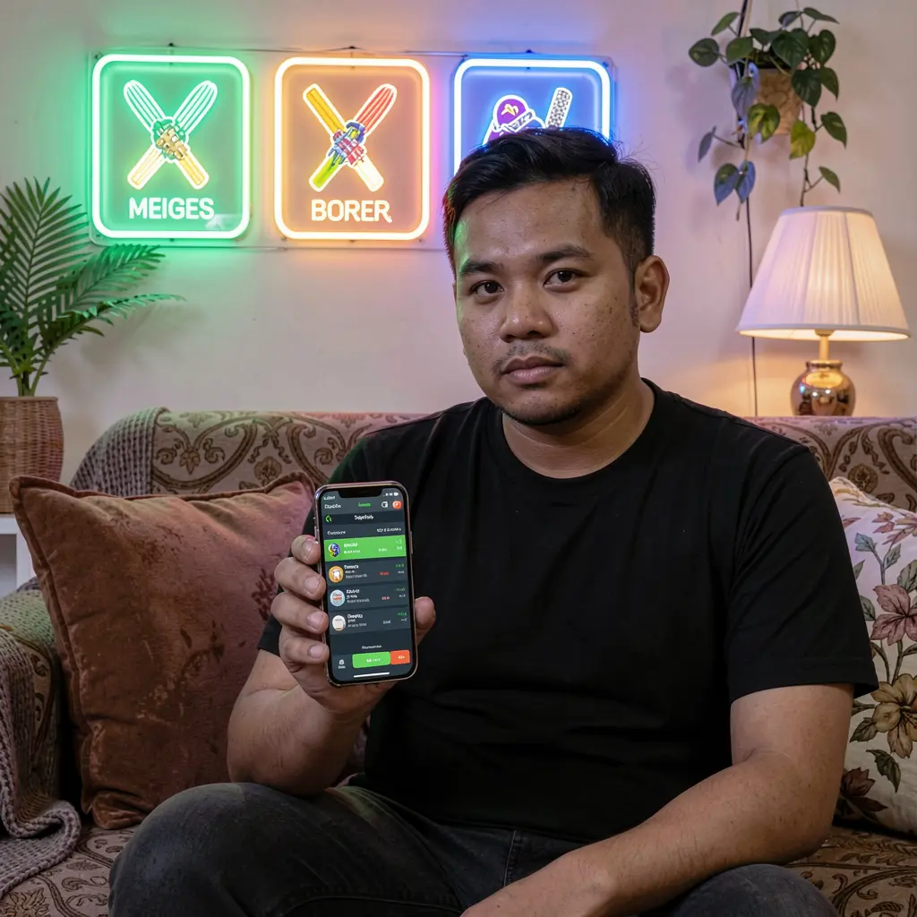 Focused Filipino player checking live sports betting markets on the PHMAGIC app with vibrant digital cricket icons glowing behind him