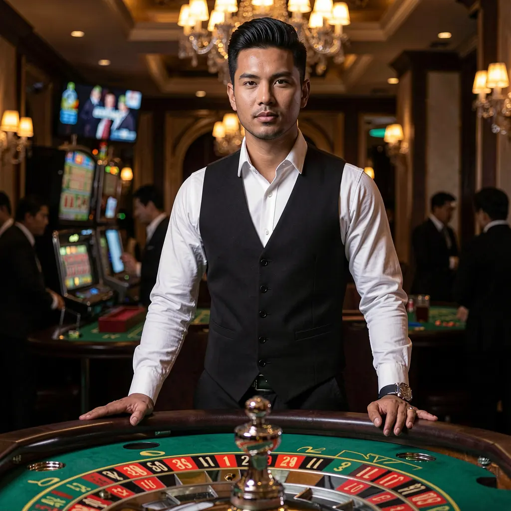 Confident casino dealer standing at a glowing roulette table with luxury lights representing the premium live casino experience at PHMAGIC Philippines