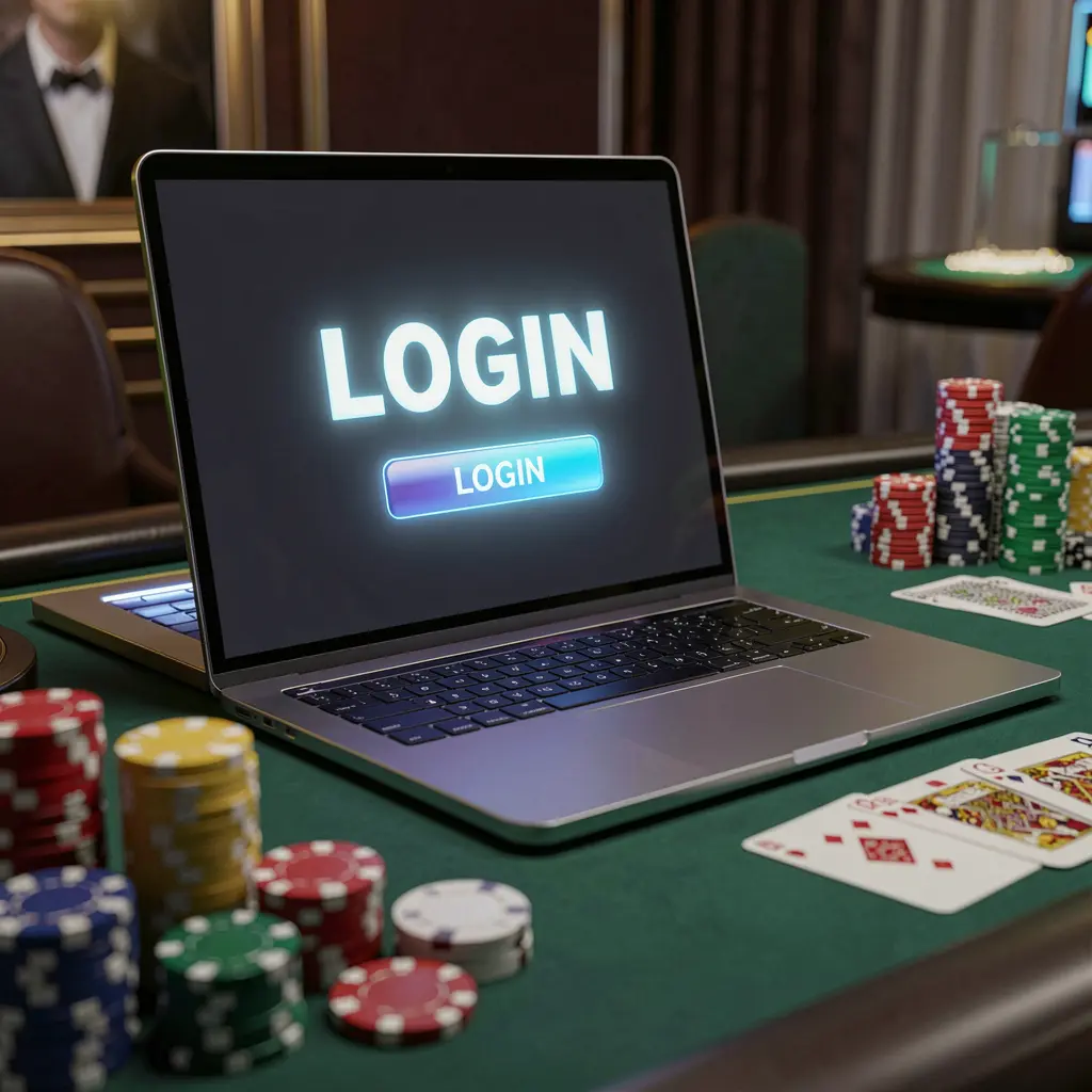 Modern laptop with a bright login button on screen placed on a casino table surrounded by blurred chips and cards symbolizing secure access at PHMAGIC