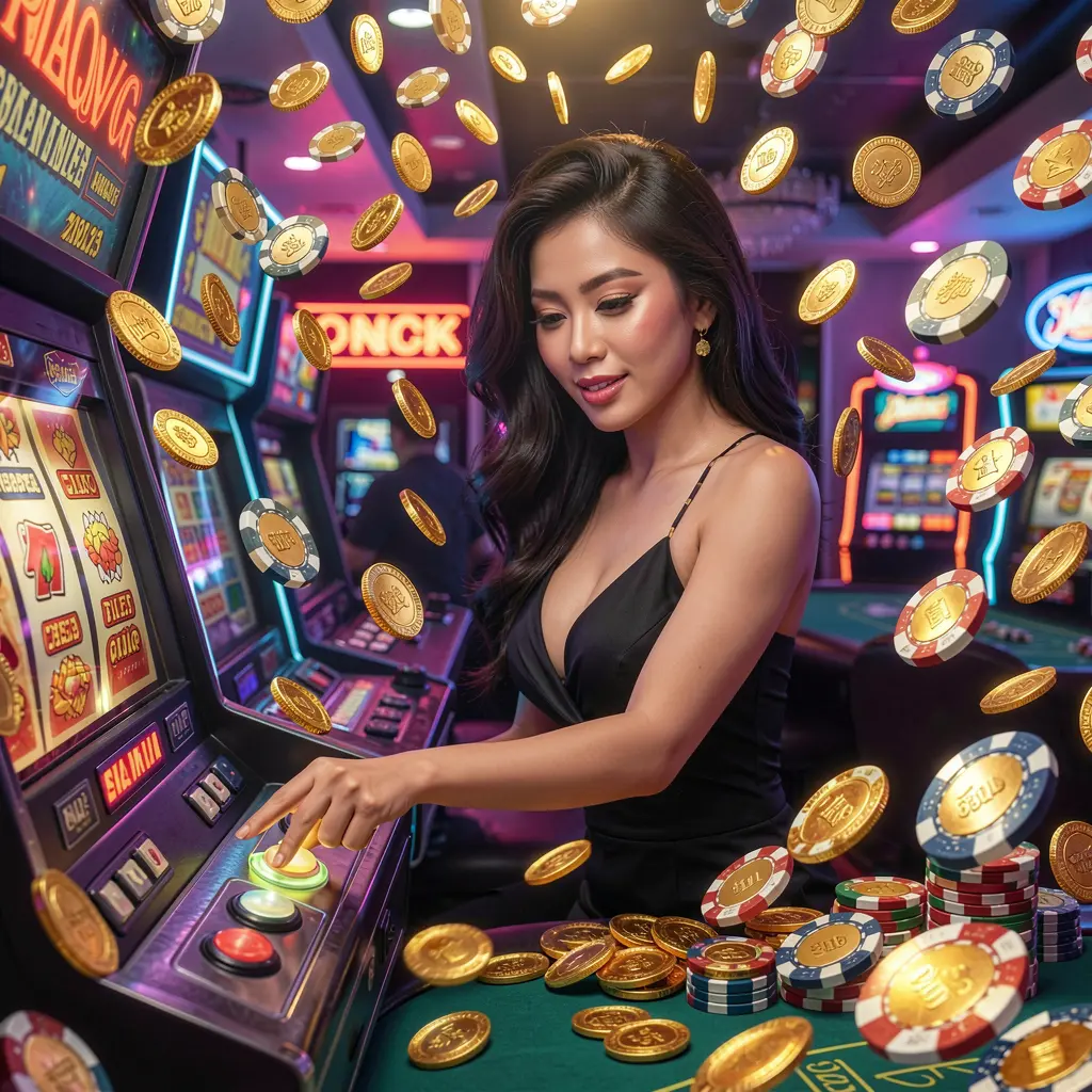 Elegant Filipino player enjoying a modern slot machine with vibrant lights and casino atmosphere at PHMAGIC online casino in the Philippines